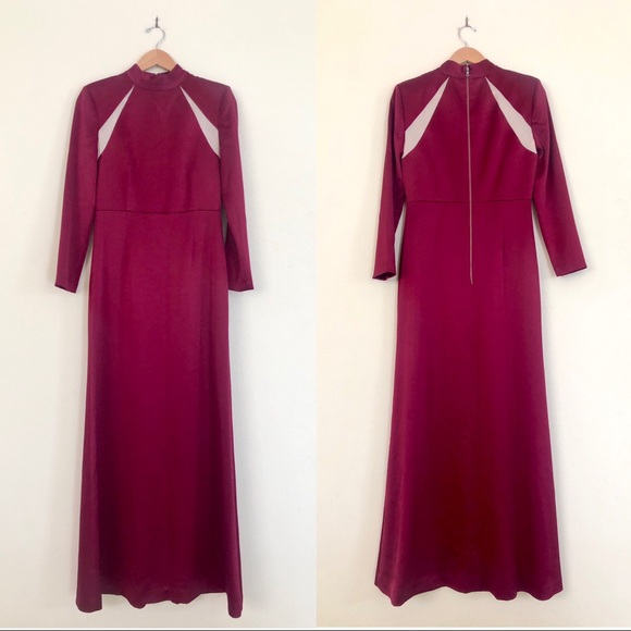 ALICE + OLIVIA Charita Satin Mesh Mock Neck Long Sleeve Gown in Bordeaux Red - Picture 4 of 7